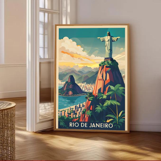 Rio de Janeiro Travel Poster: Christ the Redeemer, Brazil Skyline (Digital Download)