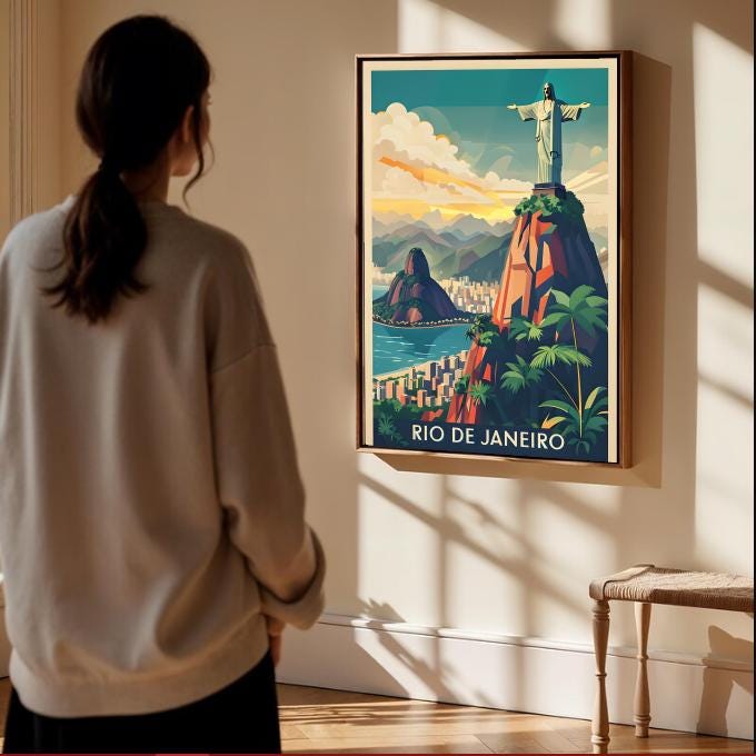 Rio de Janeiro Travel Poster: Christ the Redeemer, Brazil Skyline (Digital Download)