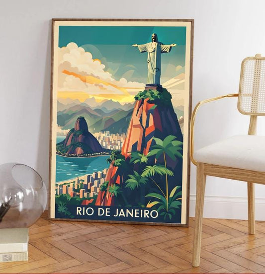 Rio de Janeiro Travel Poster: Christ the Redeemer, Brazil Skyline (Digital Download)