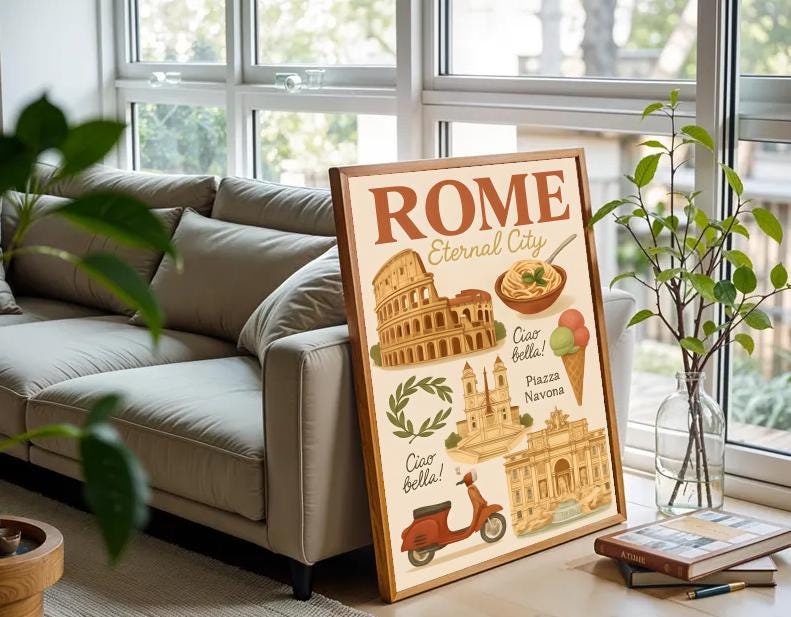 Vintage Rome Travel Poster: Italian Landmarks Art Print (Digital Download