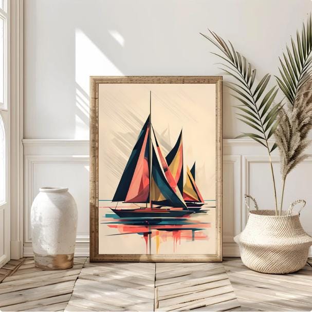 Abstract Sailboat Art Print: Modern Coastal Geometric Design (Digital Download)