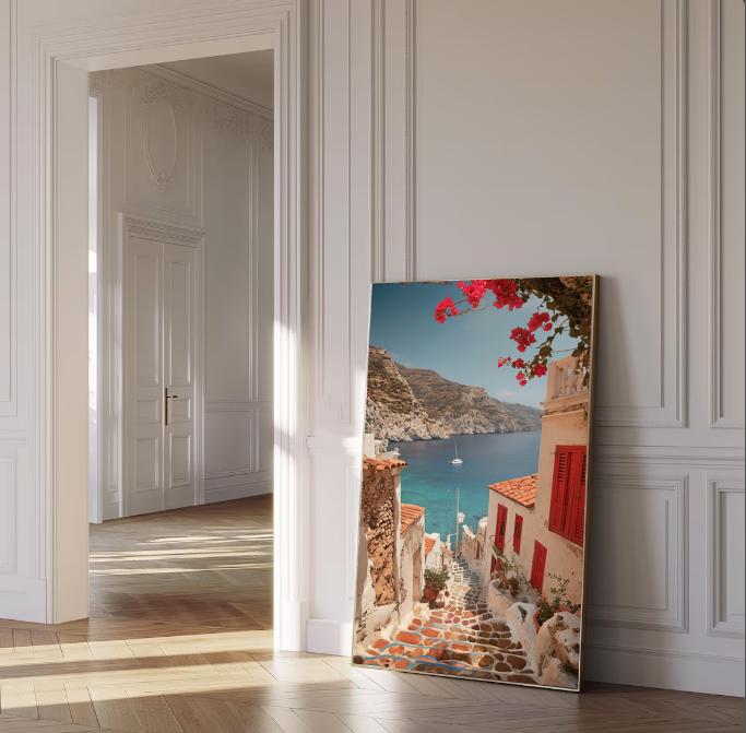 Santorini Coastal Print: Greek Village, Mediterranean Home Decor (Digital Download)