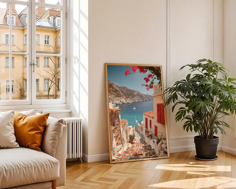 Santorini Coastal Print: Greek Village, Mediterranean Home Decor (Digital Download)