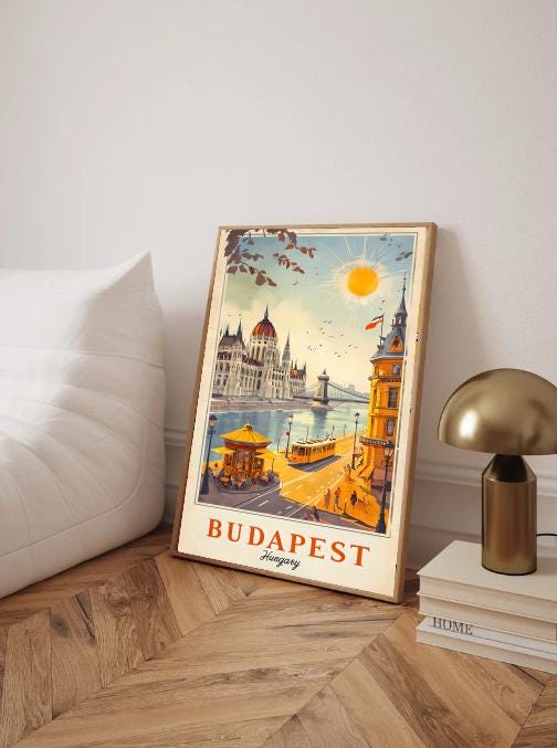 Vintage Budapest Travel Poster: Hungarian Parliament & Chain Bridge (Digital Download)