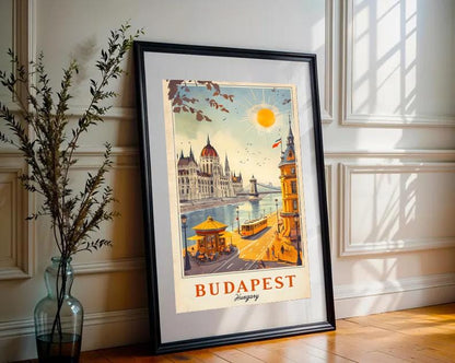 Vintage Budapest Travel Poster: Hungarian Parliament & Chain Bridge (Digital Download)