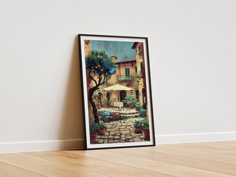 Italian Village Courtyard Print: Rustic Mediterranean Wall Art (Digital Download