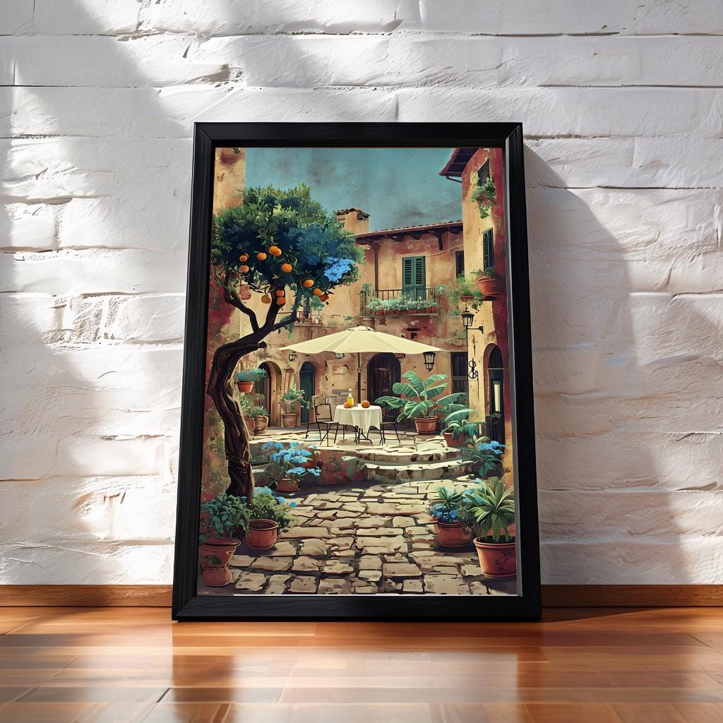 Italian Village Courtyard Print: Rustic Mediterranean Wall Art (Digital Download