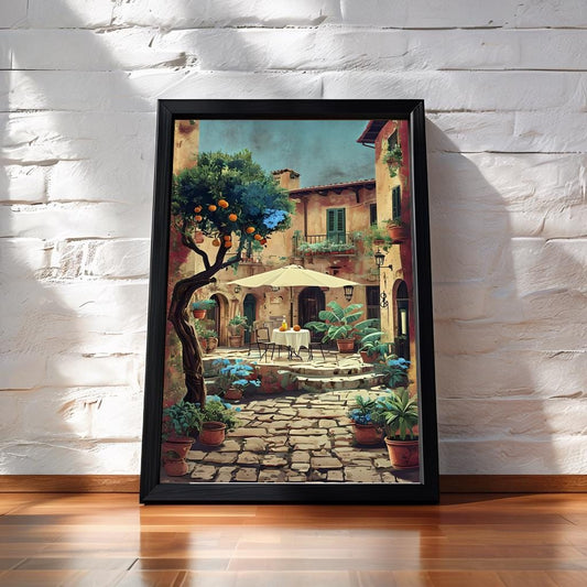 Italian Village Courtyard Print: Rustic Mediterranean Wall Art (Digital Download