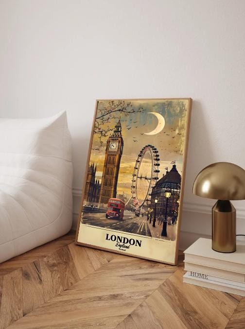 Vintage London Travel Poster: Big Ben, London Eye, Red Bus (Digital Download)