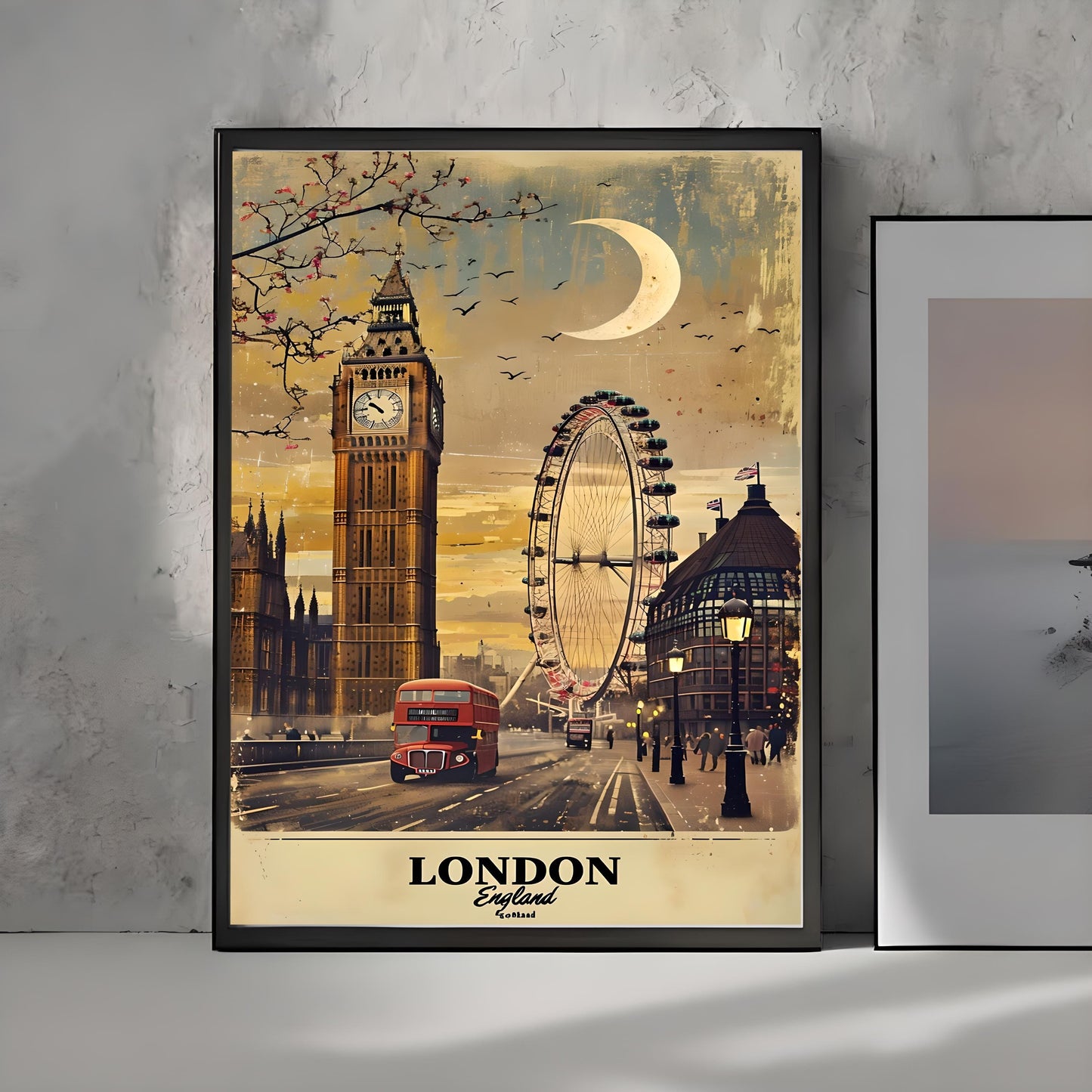 Vintage London Travel Poster: Big Ben, London Eye, Red Bus (Digital Download)