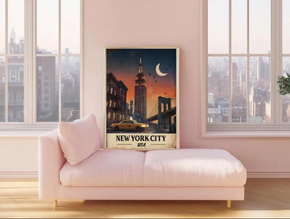 Vintage NYC Travel Poster: Empire State Building, Brooklyn Bridge (Digital Download)