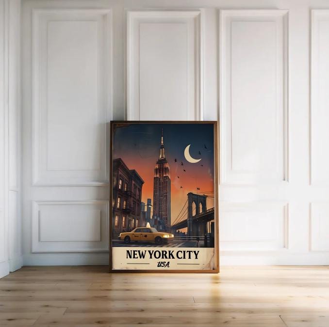 Vintage NYC Travel Poster: Empire State Building, Brooklyn Bridge (Digital Download)