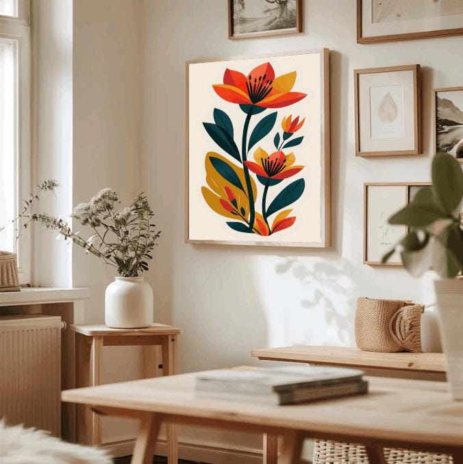 Red and Orange Floral Print: Modern Minimalist Botanical Art (Digital Download)