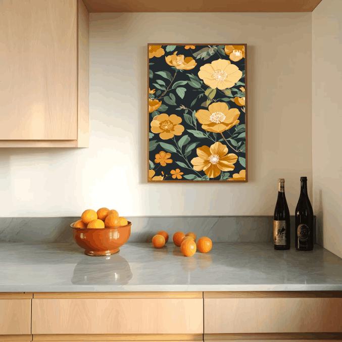 Yellow Floral Wall Art: Bold Botanical Print, Dark Background (Digital Download)