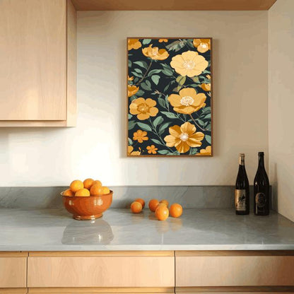 Yellow Floral Wall Art: Bold Botanical Print, Dark Background (Digital Download)