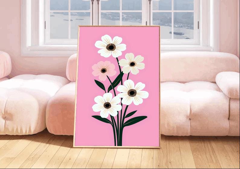 Minimalist Daisy Print: Modern Pink Floral Scandinavian Wall Art
