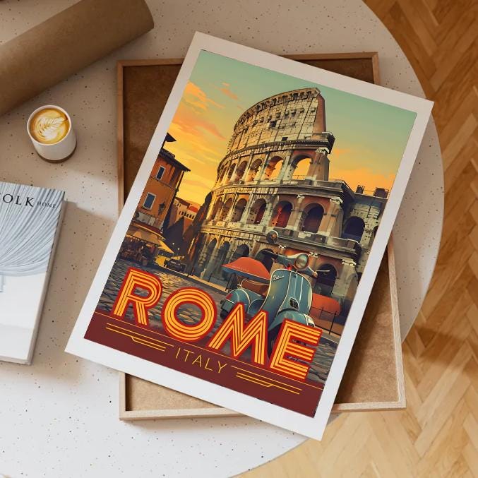 Vintage Rome Print: Colosseum & Vespa, Italian Travel Poster (Digital Download)