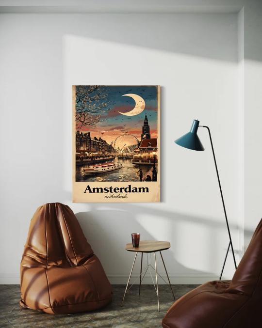 Vintage Amsterdam Travel Poster: Dutch Canal Cityscape Art Print (Digital Download)