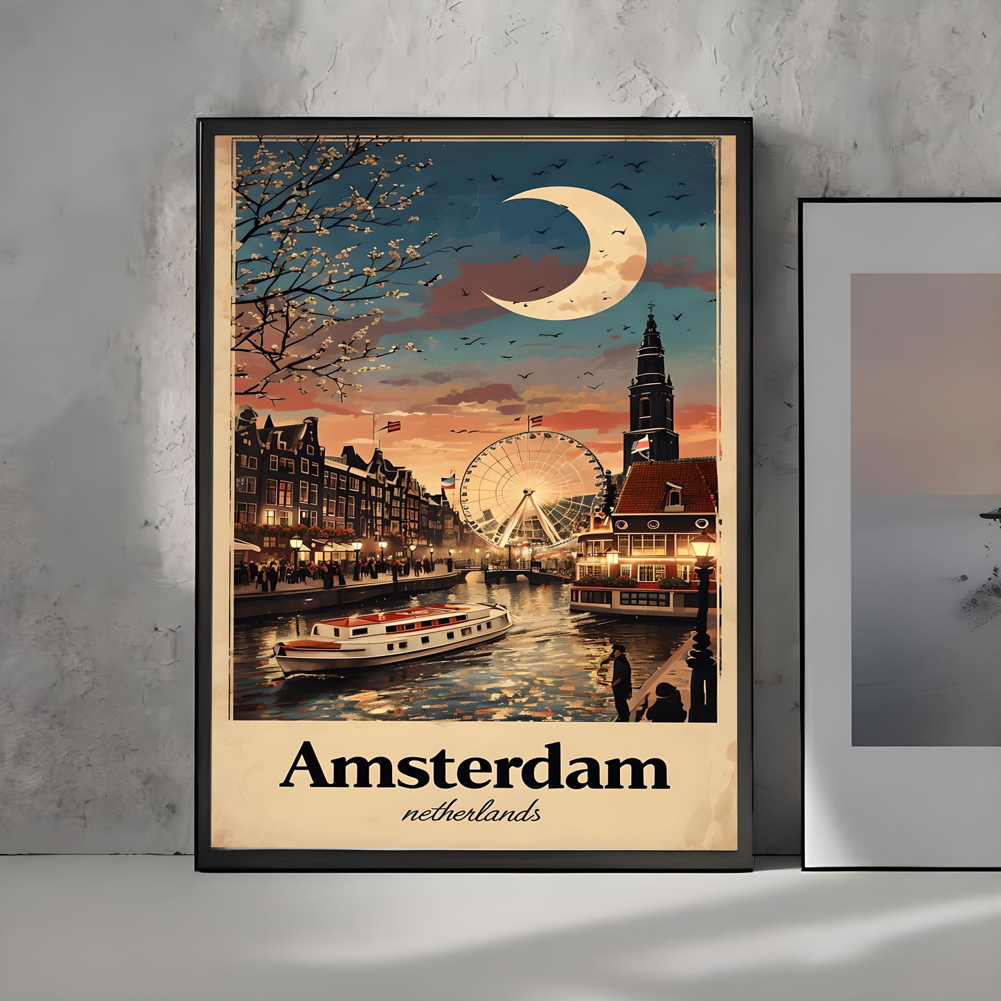 Vintage Amsterdam Travel Poster: Dutch Canal Cityscape Art Print (Digital Download)