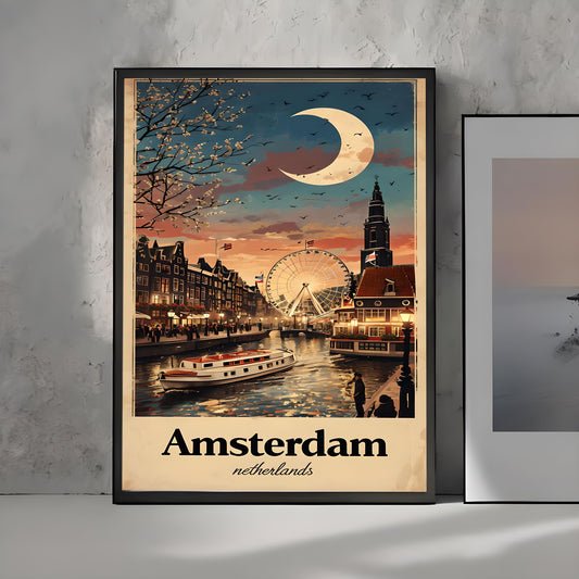 Vintage Amsterdam Travel Poster: Dutch Canal Cityscape Art Print (Digital Download)