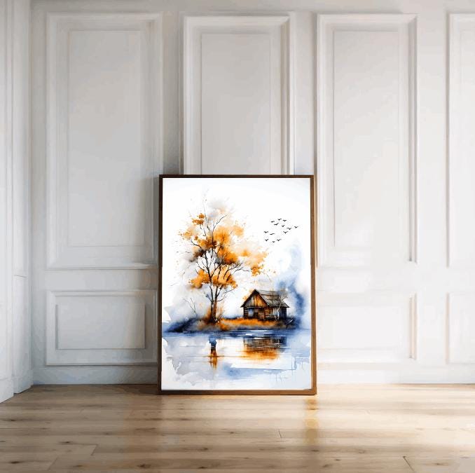Watercolor Cabin Landscape Print: Rustic Autumn Lake Reflection (Digital Download)