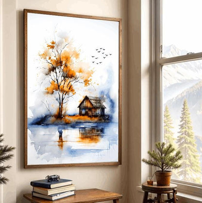 Watercolor Cabin Landscape Print: Rustic Autumn Lake Reflection (Digital Download)