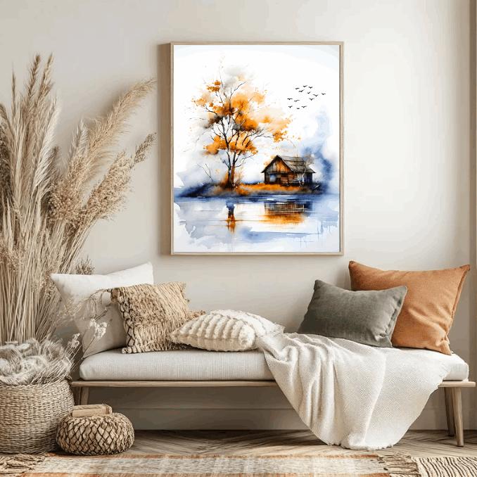 Watercolor Cabin Landscape Print: Rustic Autumn Lake Reflection (Digital Download)