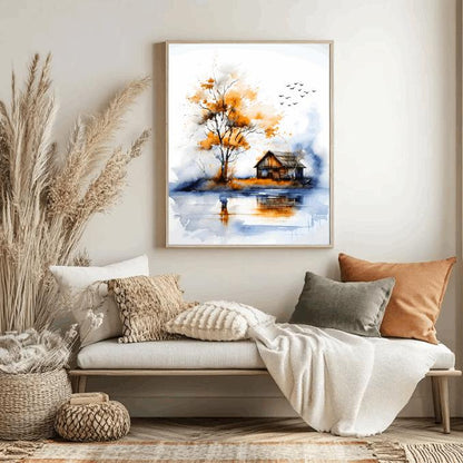 Watercolor Cabin Landscape Print: Rustic Autumn Lake Reflection (Digital Download)