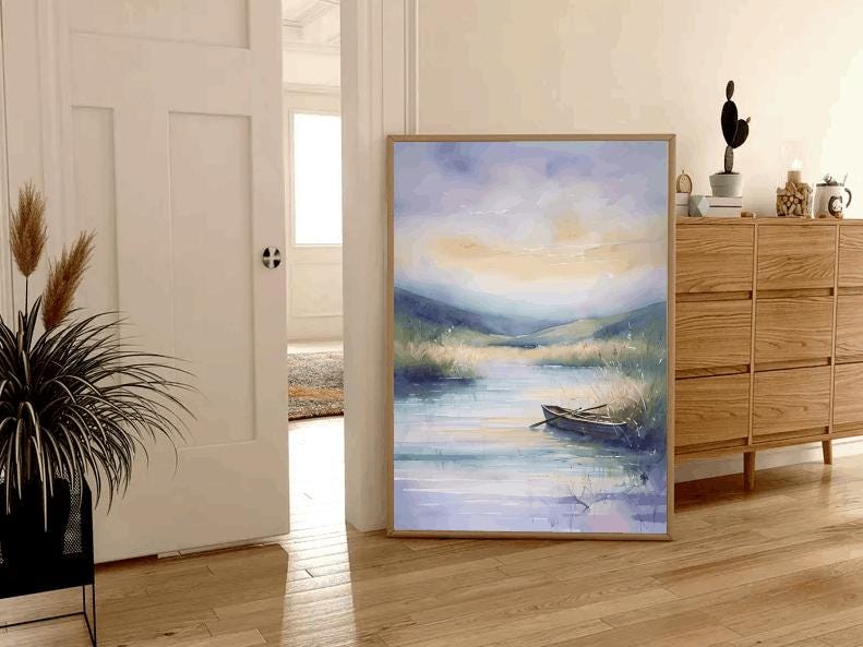 Watercolor Lake Landscape Art: Peaceful Boat Painting (Digital Download)