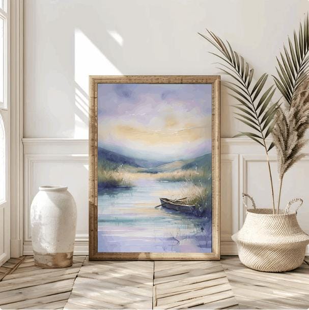 Watercolor Lake Landscape Art: Peaceful Boat Painting (Digital Download)