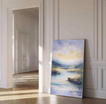 Watercolor Lake Landscape Art: Peaceful Boat Painting (Digital Download)