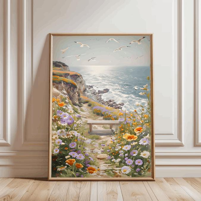 Coastal Wildflower Path Print: Seaside Seagull Landscape (Digital Download)