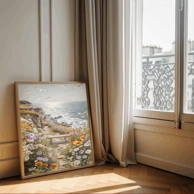 Coastal Wildflower Path Print: Seaside Seagull Landscape (Digital Download)