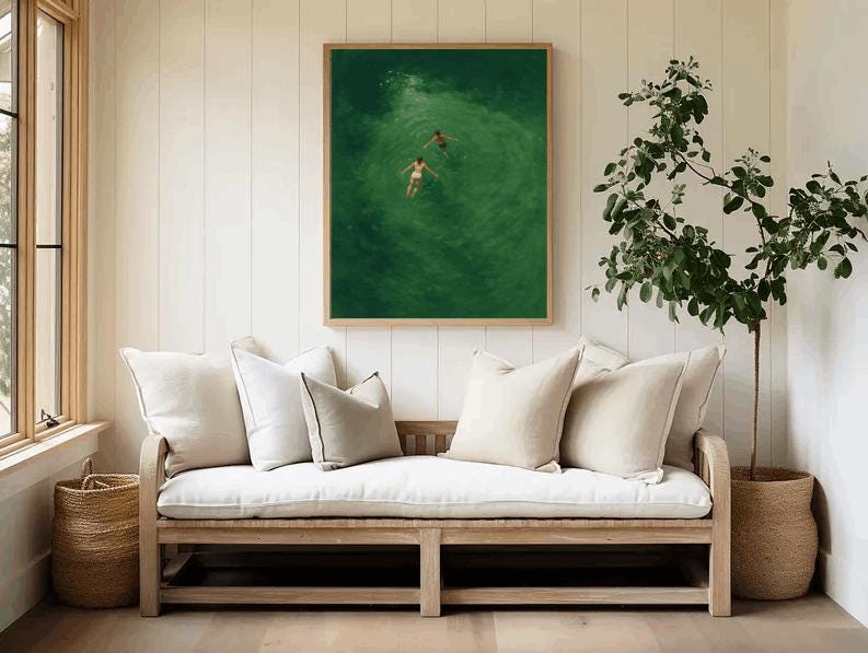 Minimalist Swimmers Art Print: Aerial Ocean Painting (Digital Download)