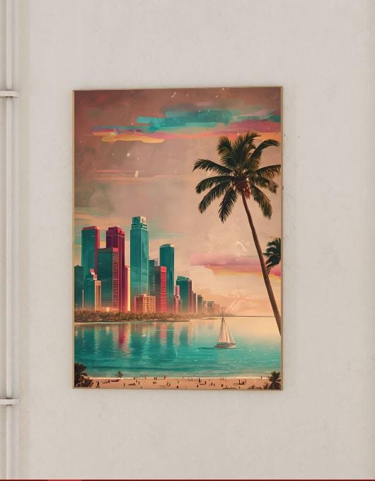 Miami Beach Print: Retro Tropical Skyline, Palm Tree Sunset (Digital Download)