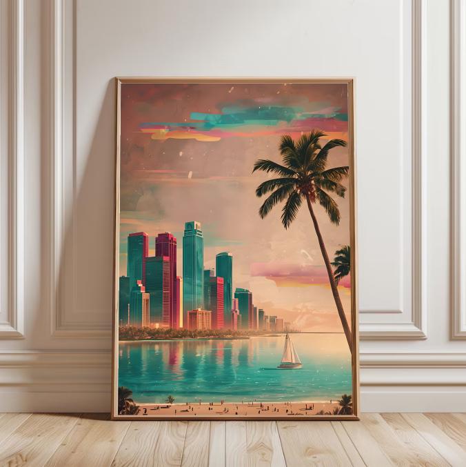 Miami Beach Print: Retro Tropical Skyline, Palm Tree Sunset (Digital Download)