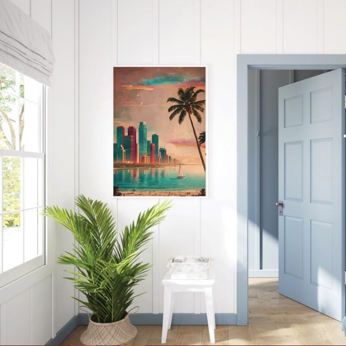 Miami Beach Print: Retro Tropical Skyline, Palm Tree Sunset (Digital Download)