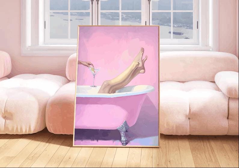 Pink Bathtub Cocktail Print: Glam Bathroom Art, Feminine Spa Decor (Digital Download)