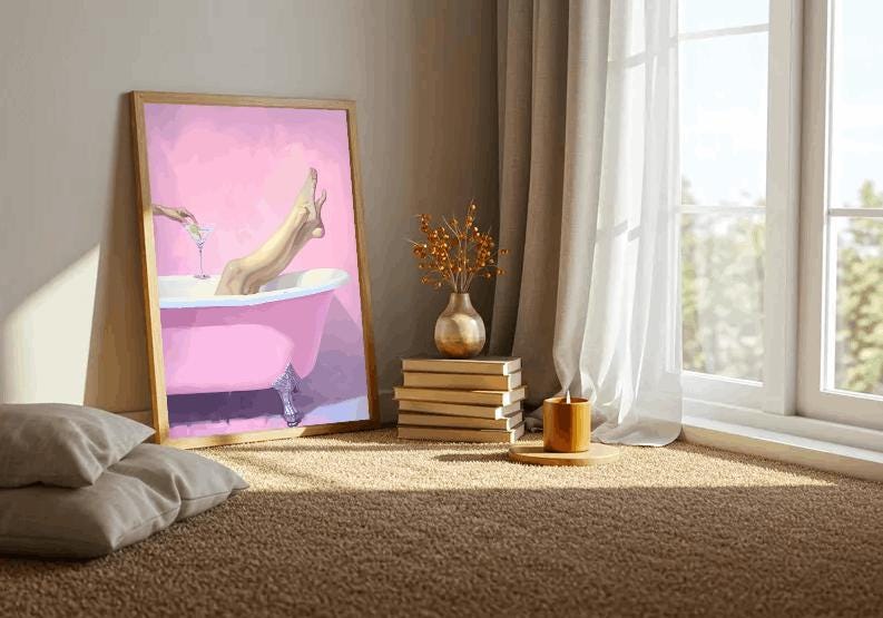 Pink Bathtub Cocktail Print: Glam Bathroom Art, Feminine Spa Decor (Digital Download)