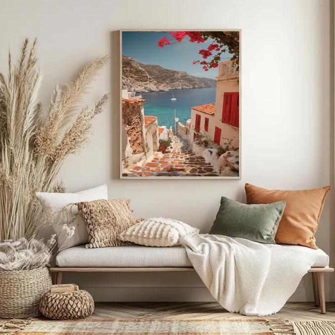 Santorini Coastal Print: Greek Village, Mediterranean Home Decor (Digital Download)