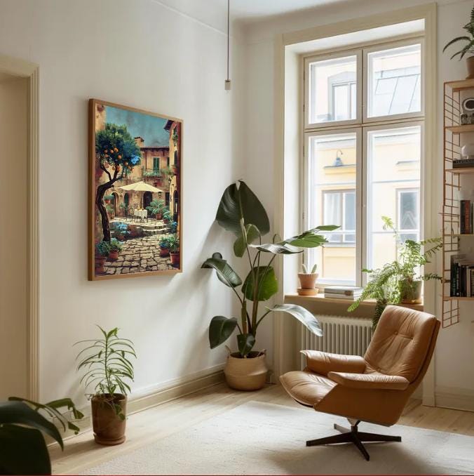 Italian Village Courtyard Print: Rustic Mediterranean Wall Art (Digital Download