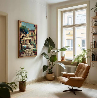 Italian Village Courtyard Print: Rustic Mediterranean Wall Art (Digital Download