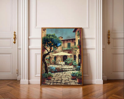 Italian Village Courtyard Print: Rustic Mediterranean Wall Art (Digital Download