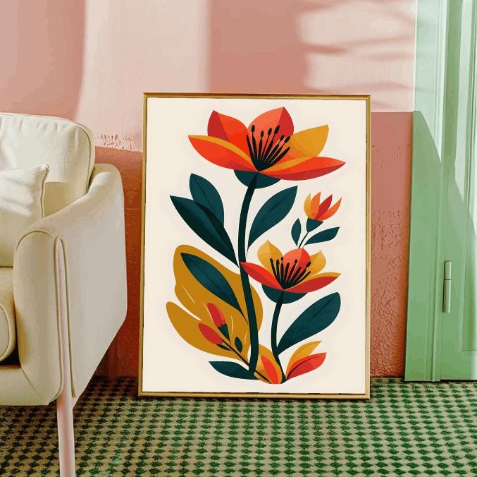 Red and Orange Floral Print: Modern Minimalist Botanical Art (Digital Download)