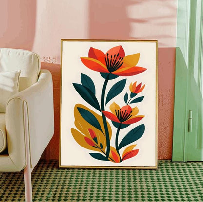 Red and Orange Floral Print: Modern Minimalist Botanical Art (Digital Download)