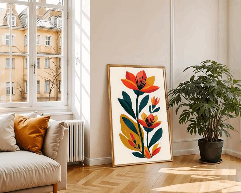 Red and Orange Floral Print: Modern Minimalist Botanical Art (Digital Download)