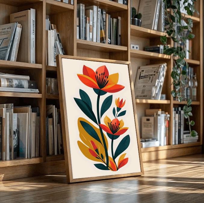 Red and Orange Floral Print: Modern Minimalist Botanical Art (Digital Download)
