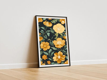 Yellow Floral Wall Art: Bold Botanical Print, Dark Background (Digital Download)