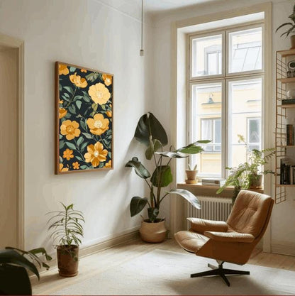 Yellow Floral Wall Art: Bold Botanical Print, Dark Background (Digital Download)