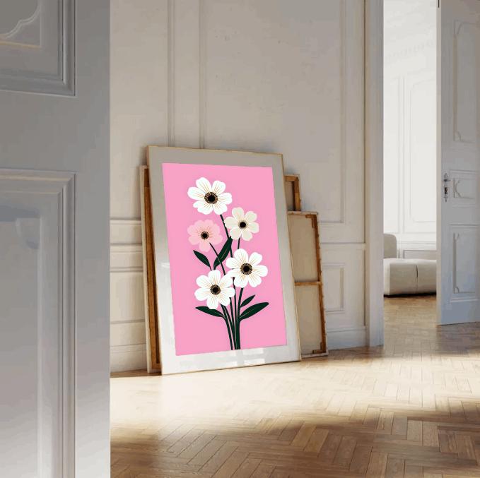 Minimalist Daisy Print: Modern Pink Floral Scandinavian Wall Art